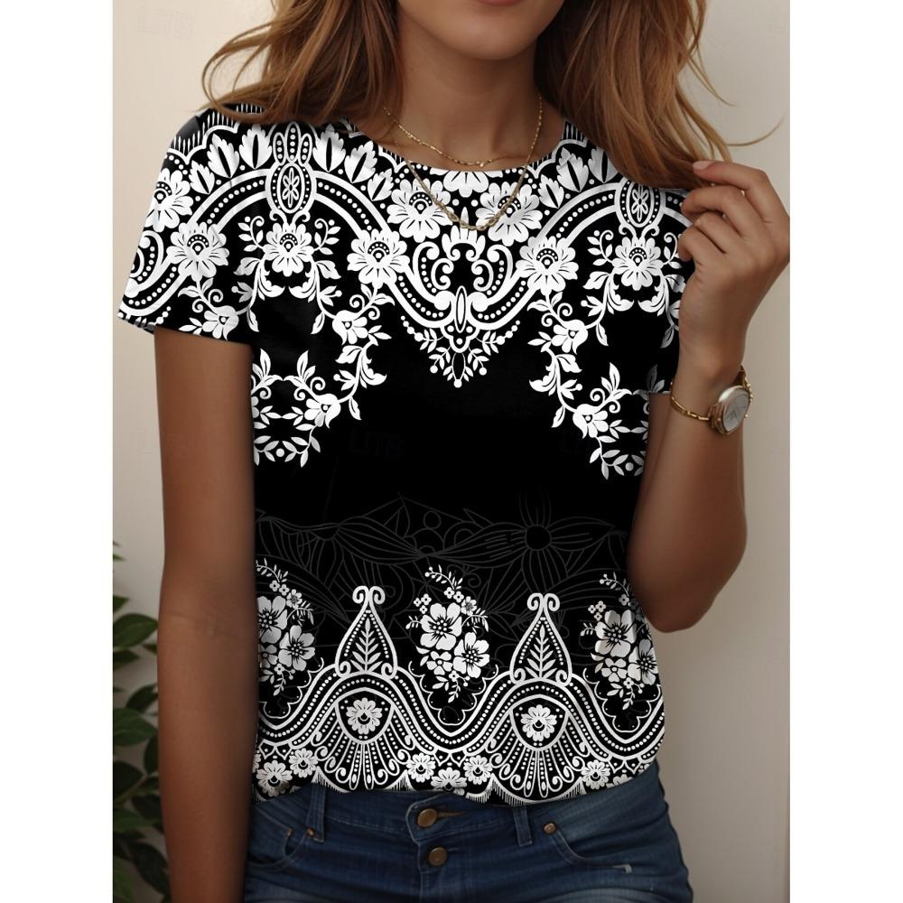 

Women s T-shirt Pattern Paisley Retro Fashion Casual Short Sleeve Round Neck Regular Top Daily Weekend Beach Wear Printed Summer 5XL