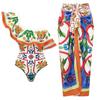 2024 European & American Women's Enamel Print Ruffle Swimsuit Set