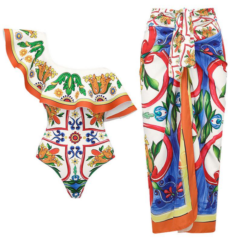 2024 European & American Women's Enamel Print Ruffle Swimsuit Set