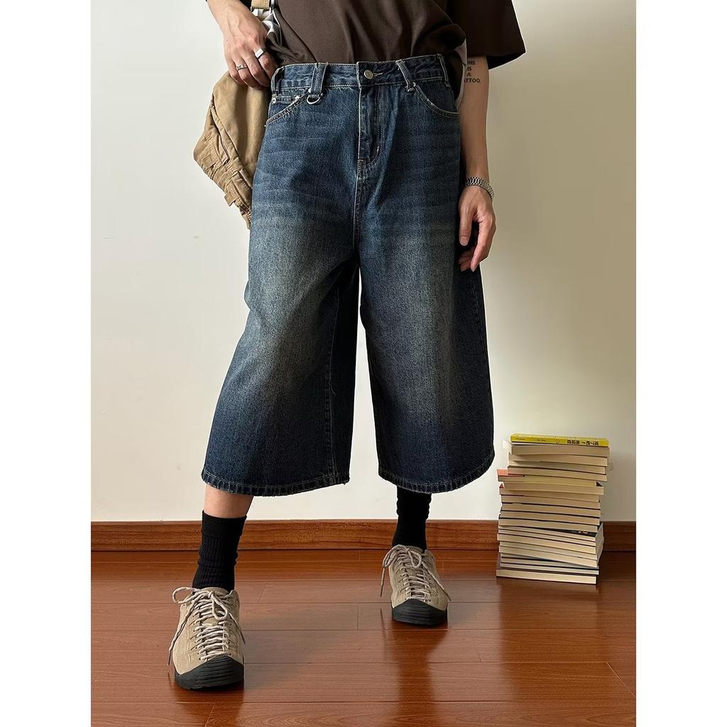 Retro and Old Design Sense Big Wide-leg Jeans Men's Summer New High-waisted Loose and Thin Cropped Pants