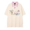 Bordado Alfabeto Americano Vintage Gola Lapela Manga Curta Estilo ins Masculino e Feminino Solto ins Estilo Universitário Camisa Polo Top
