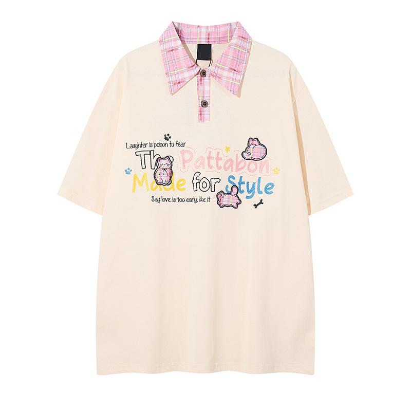Bordado Alfabeto Americano Vintage Gola Lapela Manga Curta Estilo ins Masculino e Feminino Solto ins Estilo Universitário Camisa Polo Top