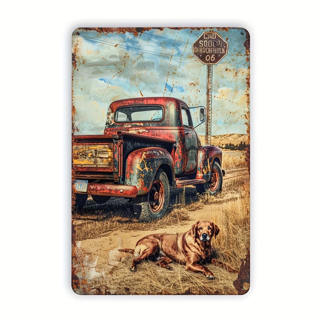 Vintage Truck and Dog Metal Tin Sign, Rustic Farmhouse Wall Art Decor, Gym Bar Cafe Garage Iron Art, Restaurant Home Forest Gard