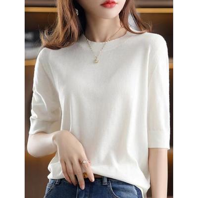 Fashion Knitted Short Sleeve Casual T-shirt for Women Summer Elegant Solid Loose Slim Fit T Shirts Women Simple Round Neck Base Ladies Tee Tops 26307
