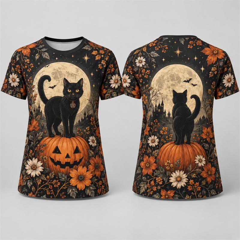 Vintage Gothic Halloween T Shirt Men Women 3D Print Pumpkin Ghost Witch Black Cat Raven Moon Graphic Short Sleeve Tees Tops