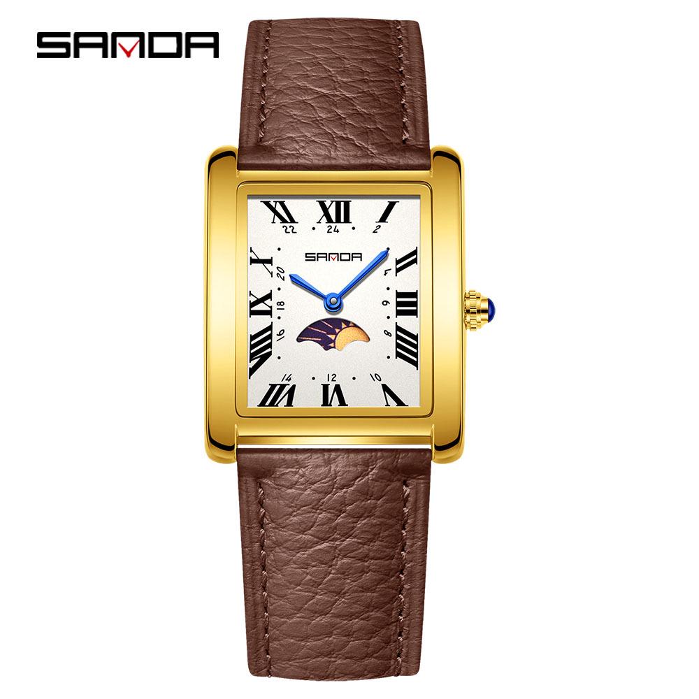 Sanda Women's Retro Quartz Waterproof Watch with Roman Numerals, Moon Phase, and Light Luxury Design - Square Model 9122.