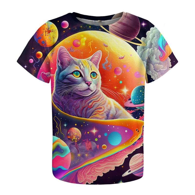 Children's Cartoon Style Cat Dog T-shirt Full Sublimation Cute Animal Pattern T Shirts Summer Short Sleeve Fashion Casual Top