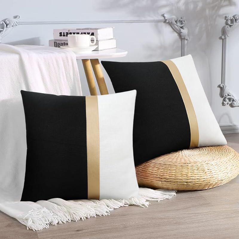 Faux Leather and Cotton Throw Pillow Covers 18x18 Inch Set of 2 Black and White Decorative Pillow Covers with Gold Stripe Patchwork Modern Farmhouse