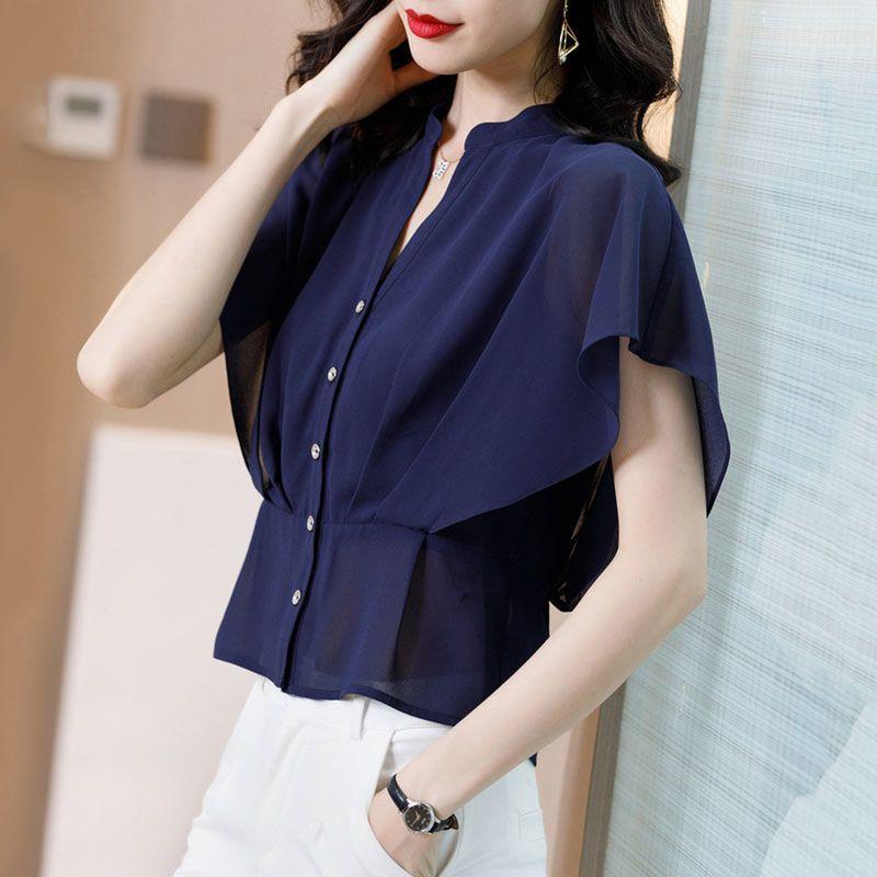 Women's Small Shirt Chiffon Shirt Short-sleeved Women's Top Waistband Shirt Fashion Summer Short Shirt