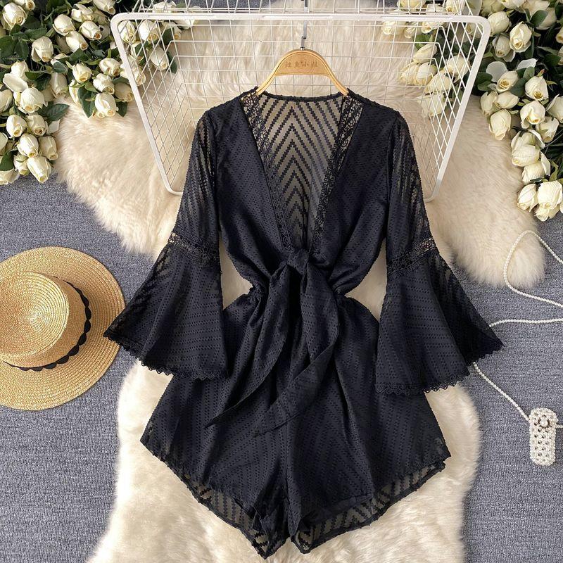 

European and American Entry Lux Fancy Jumpsuit Women s Summer Mesh Lace-up Loose Slimming Flared Sleeves Fashion Tape Design Pants Black One size