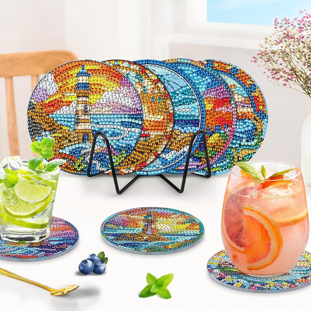 8 kusů/sada diamantově malovaných podtácků se vzorem železné věže s držáky DIY podtácky pro začátečníky i dospělé, umělecké a řemeslné potřeby dárky