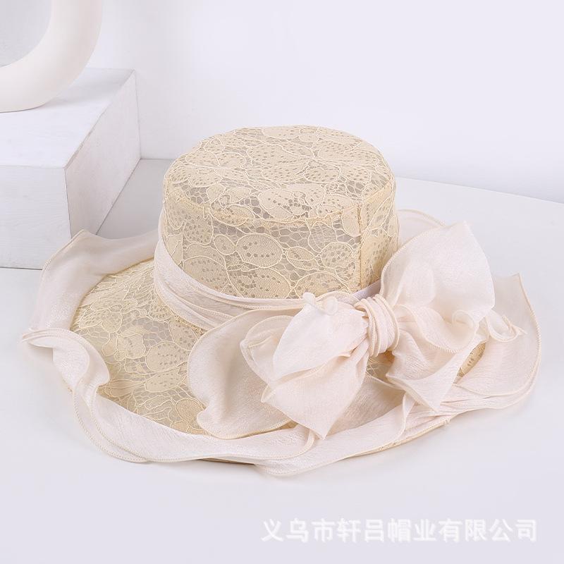 European and American breathable bucket hat fashion lace sun hat women's summer thin foldable mesh flower big brim top hat