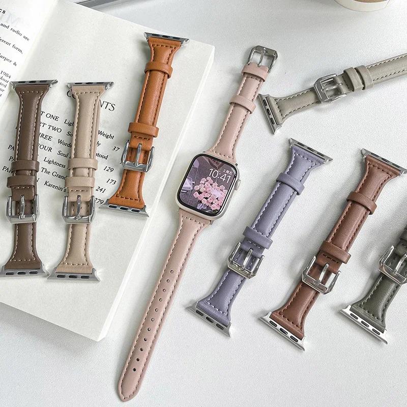 Slim Leather Band for Apple Watch Straps Series 10 9 7 8 41mm 45mm 46mm 38mm 42mm Wrist Bracelet SE 6 5 4 3 40mm/44mm Ultra 49mm