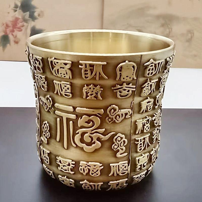 Bronze Engraved Blessing Mini Spirits Vodka Cup Liquor 50ml Retro Brass Portable Personalized Tea Tumbler Glass Home Decorative