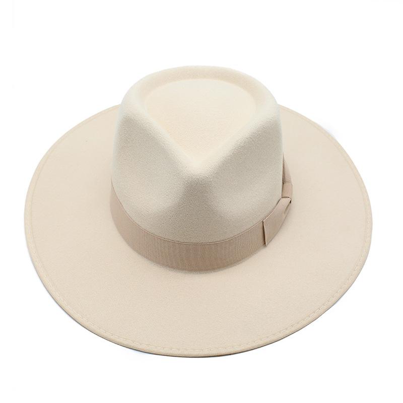 Wool, Beige Hemmed Big-Brimmed Jazz Top Hat, Men'S And Women'S Bows, Water Drop Top Jazz Hat, Felt Hat.