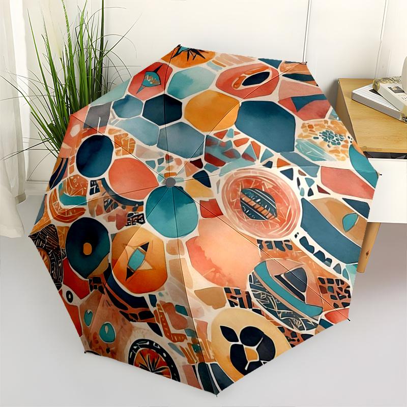 

1pc Abstract Watercolor Mosaic Durable Cartoon Folding Umbrella, Portable 3-Fold Compact Umbrella for Men and Women, Suitable for Travel or Daily Use.
