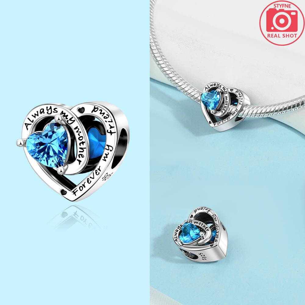 Copper Original Blue Feather Zircon Open Heart Pendant Charms Beads Fit Bracelet Women Jewelry Diy Anniversary Fine Gift