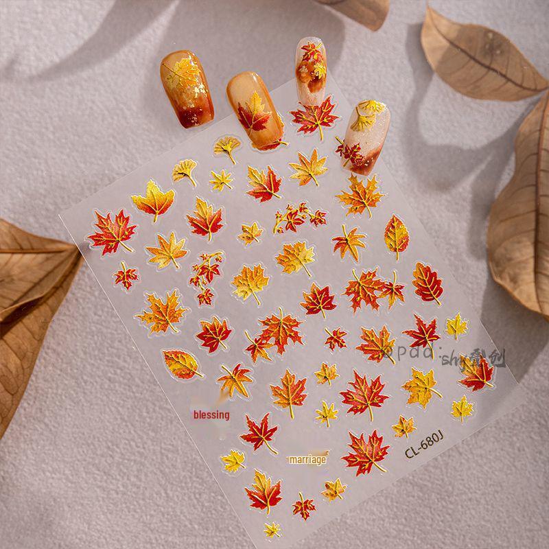 Autumn/Winter Maple Leaf Embossed Nail Stickers - Red Acacia High-Grade Stamping