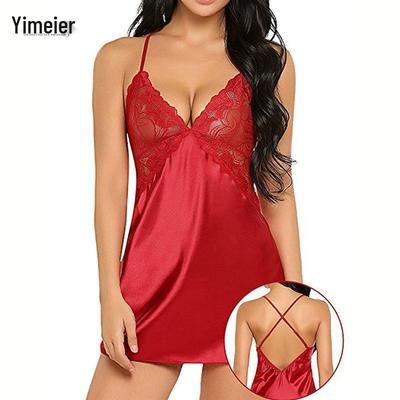 Europäisches & Amerikanisches Eis-Seiden-Dessous-Nachthemd-Set mit gekreuztem Rücken - D5074