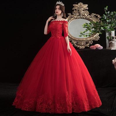 Abito da sposa rosso con spalle scoperte lungo fino al pavimento 2025 - Taglia forte, Stile principessa snellente per primavera/estate