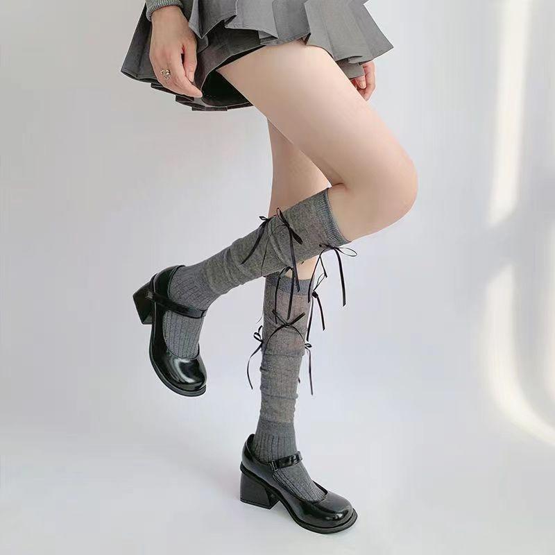 Ladies Spring and Summer Lovely Sweet Binding Bow Breathable Sweat Absorbent Calf Pile Socks
