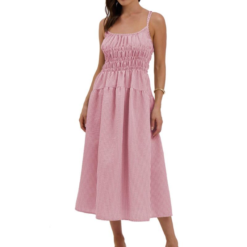 Women Sexy Loose Striped Suspender High Waist Slimming Commuting Midi Dress