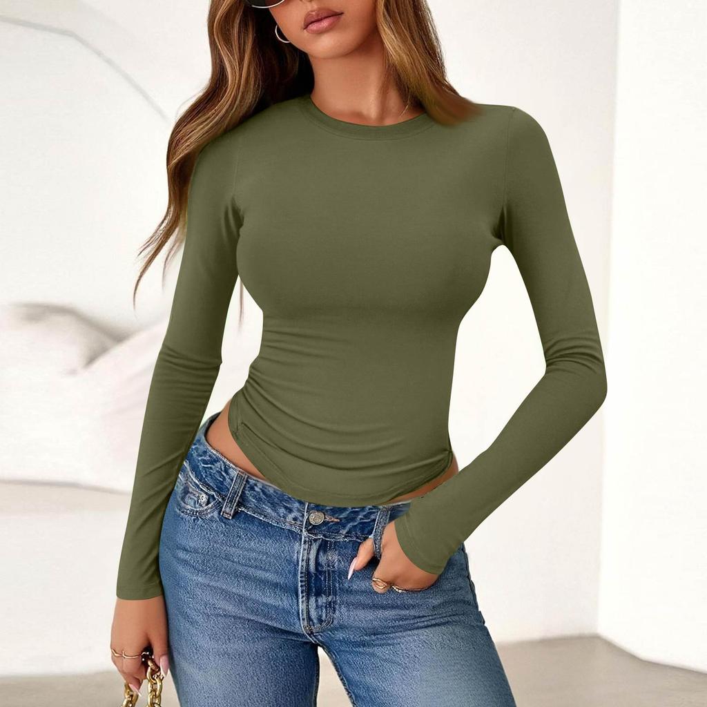 Damenmode Farbe Rundhals Langarm T-Shirt Top