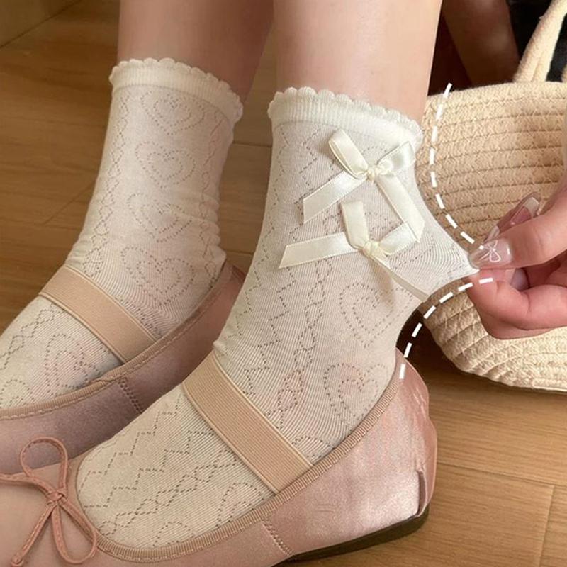 

Милые балетные носки с кружевом и бантом в виде сердца, носки до середины голени из хлопковой дышащей сетки, носки Lolita Y2K, впитывающие пот, подарок в виде сердца для девочек белый