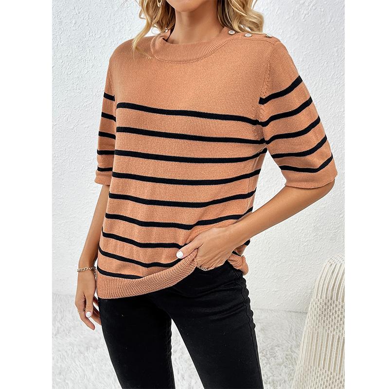 Frühling/Sommer Neue Damen-Pullover mit Knöpfen und Streifen, modisch, Rundhalsausschnitt, kurzärmelige Damen-Strickwaren