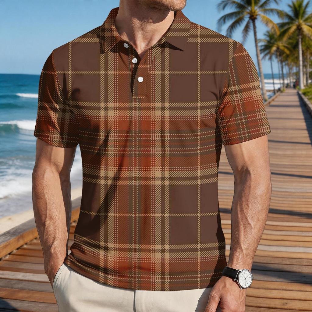 Men Loose Fit Casual Plaid Print Short Sleeve Polo Shirt with Turn Down Collar for Everyday Comfort Style