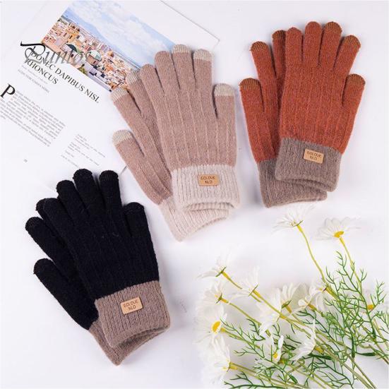 1 Pair Unisex Winter Gloves Knitted Thick Warm Color Matching Touch Screen Anti-slip Elastic Soft Warm Thick Plush Cycling Riding Gloves