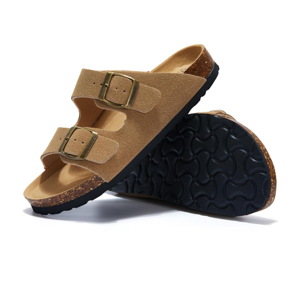 Fashion Matte Leather Summer Men's Cork Slippers Outdoor Couple Flat Bottomed Anti Slip Beach Sandals