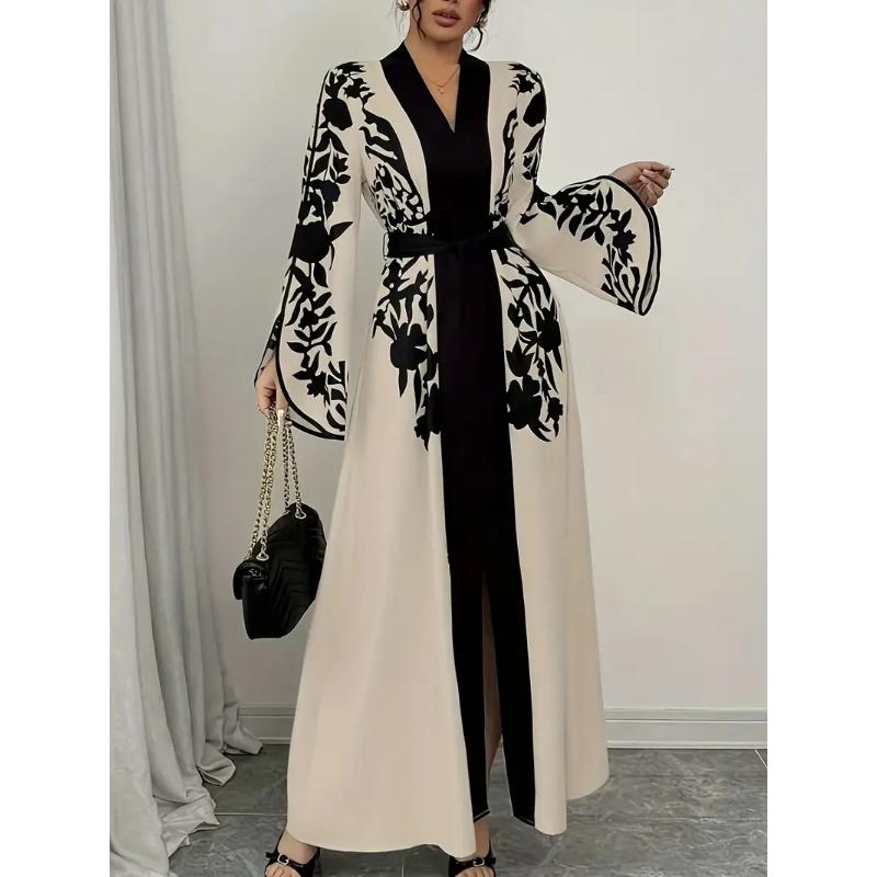 

Женское платье с принтом, длинными рукавами, V-образным вырезом и цветовым сочетанием 2XL