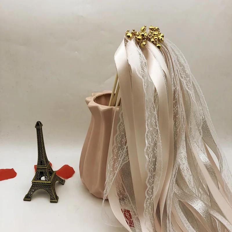 50pcs Satin Ribbon Wedding Wands Fairy Sticks With Gold Bell Pink Purple For Lawn Wedding Party Shower Decor Twirling Streamers