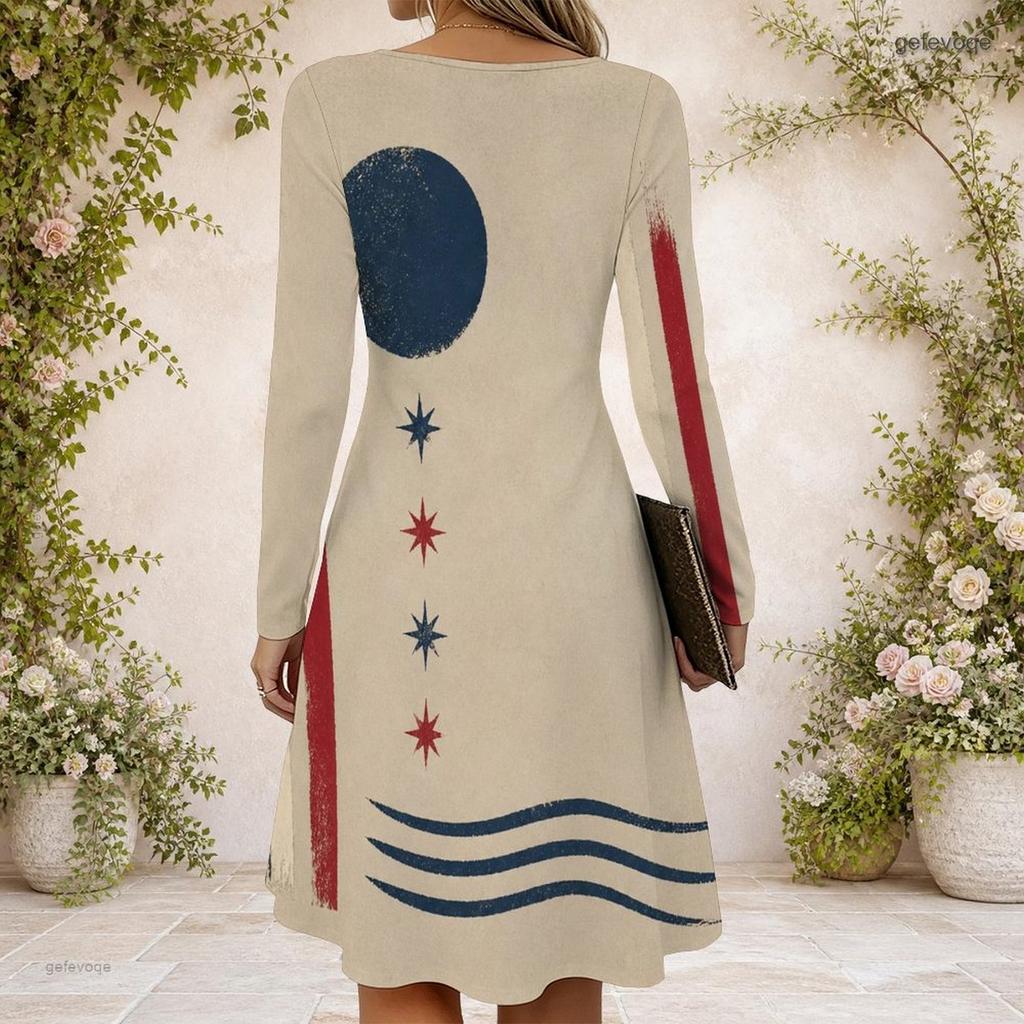Women Criss Cross V Neck Long Sleeve Beige Printed Fitted Curved Hem Dress