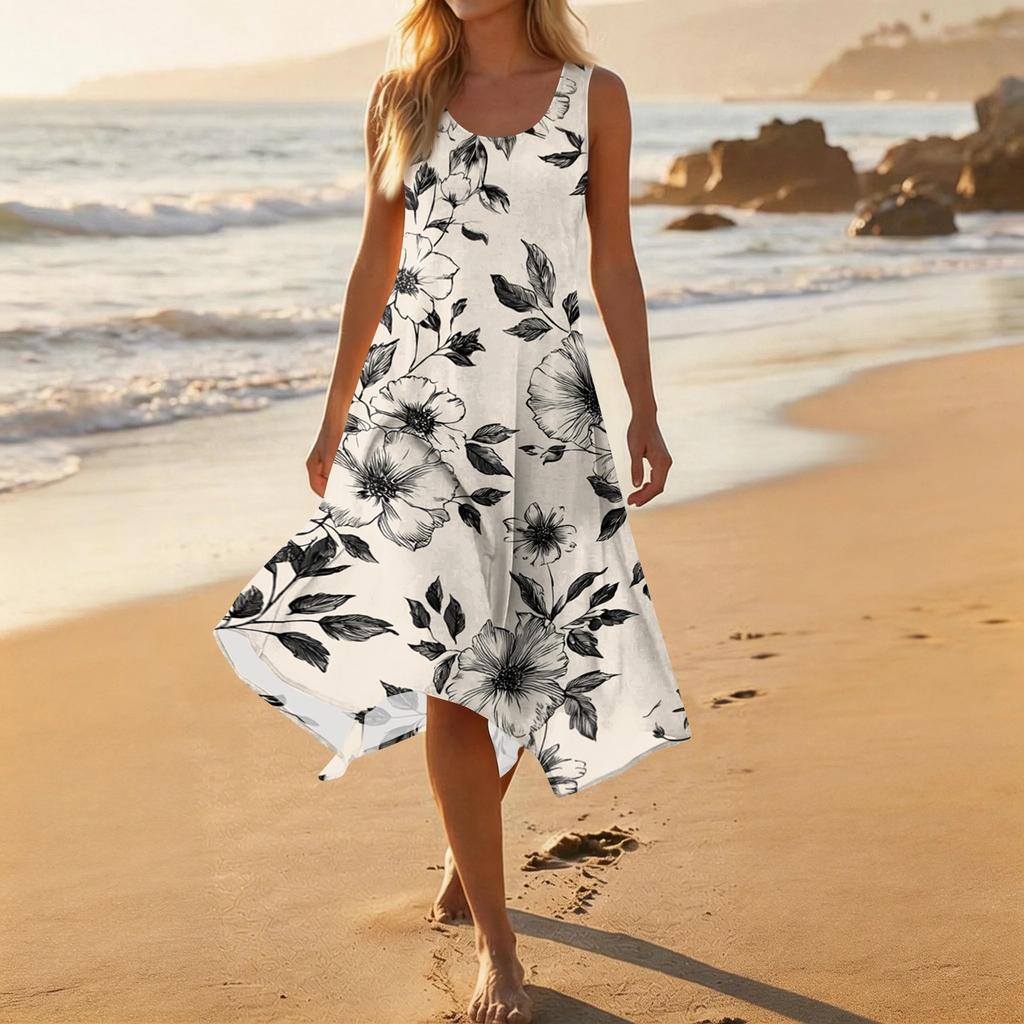 Women's Casual Sleeveless Floral Print Dress Mid-Length Round Neck Irregular Hem Summer Beach Dress