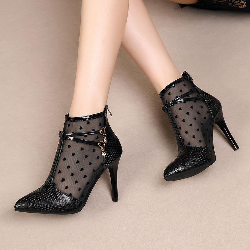 Fashion FHC 2024 New Mesh Sandals Boots,Women High Heels Botas,Fashion Summer Shoes Booties,Pointed Toe,Howllow Out,35-42,Black,Dropship