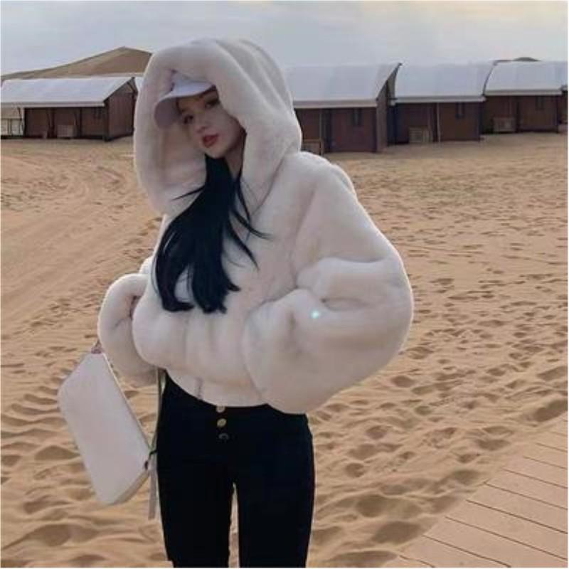 

Женская однотонная короткая плюшевая куртка с капюшоном и высокой талией, персонализированный уличный топ XS белый