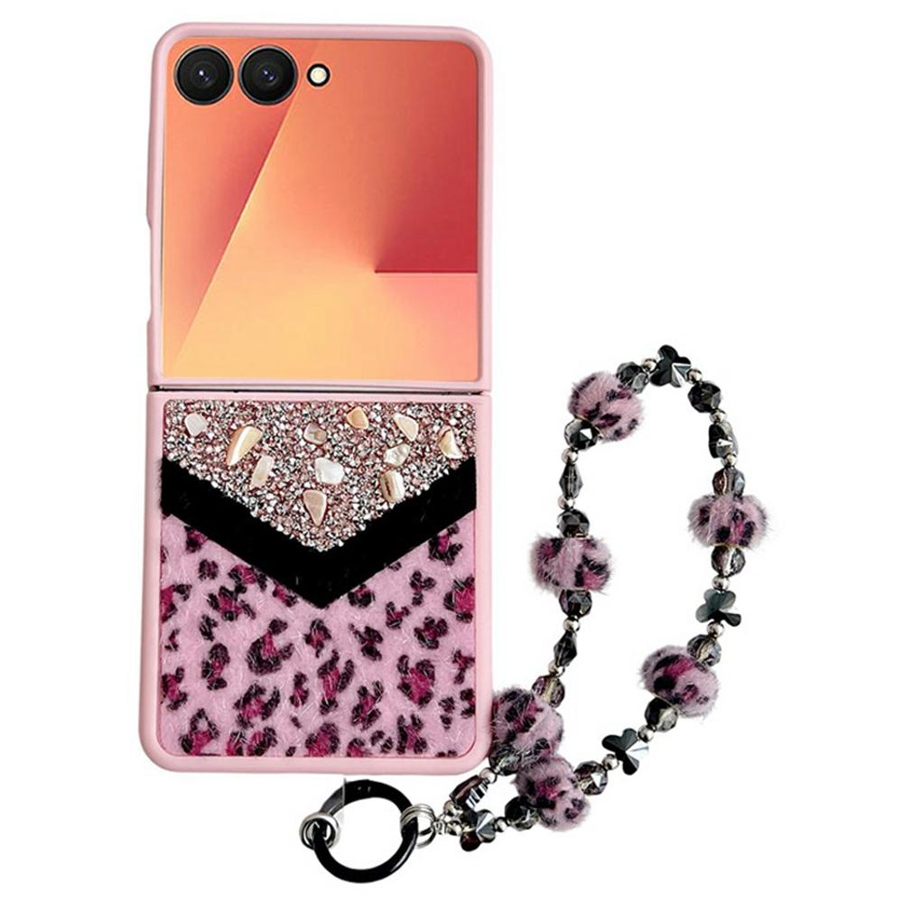 For Samsung Galaxy Z Flip7 5G Case Stone Decor Glitter Leopard Splicing Plush PC Phone Cover with Hand Chain
