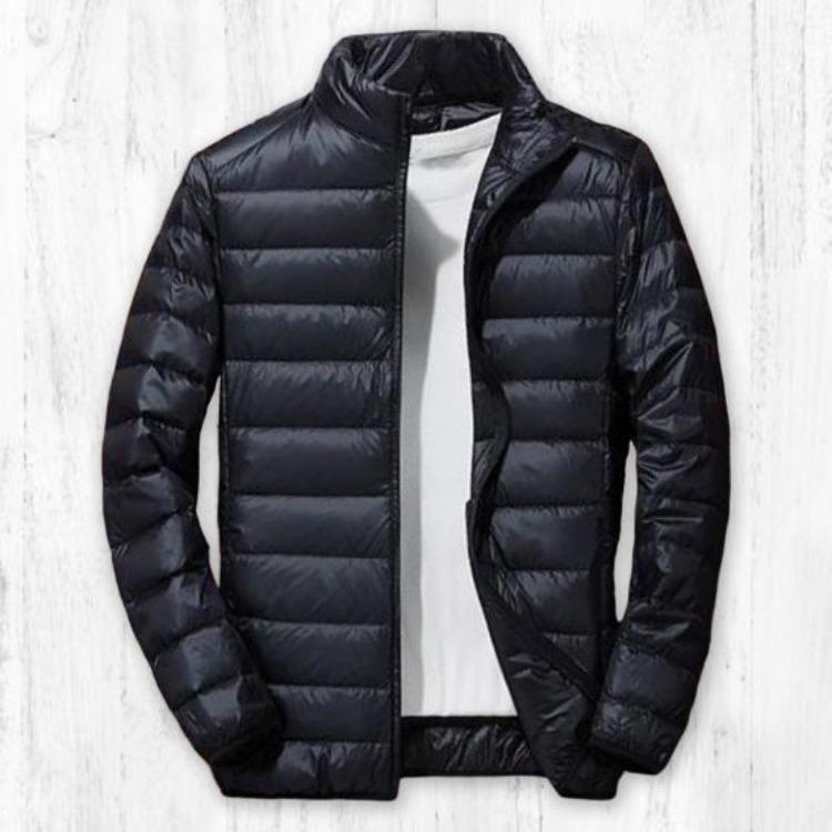 Lightweight Quilted Down Cotton Jacket for Men Stand Collar Long Sleeve Zipper Closure with Side Pockets