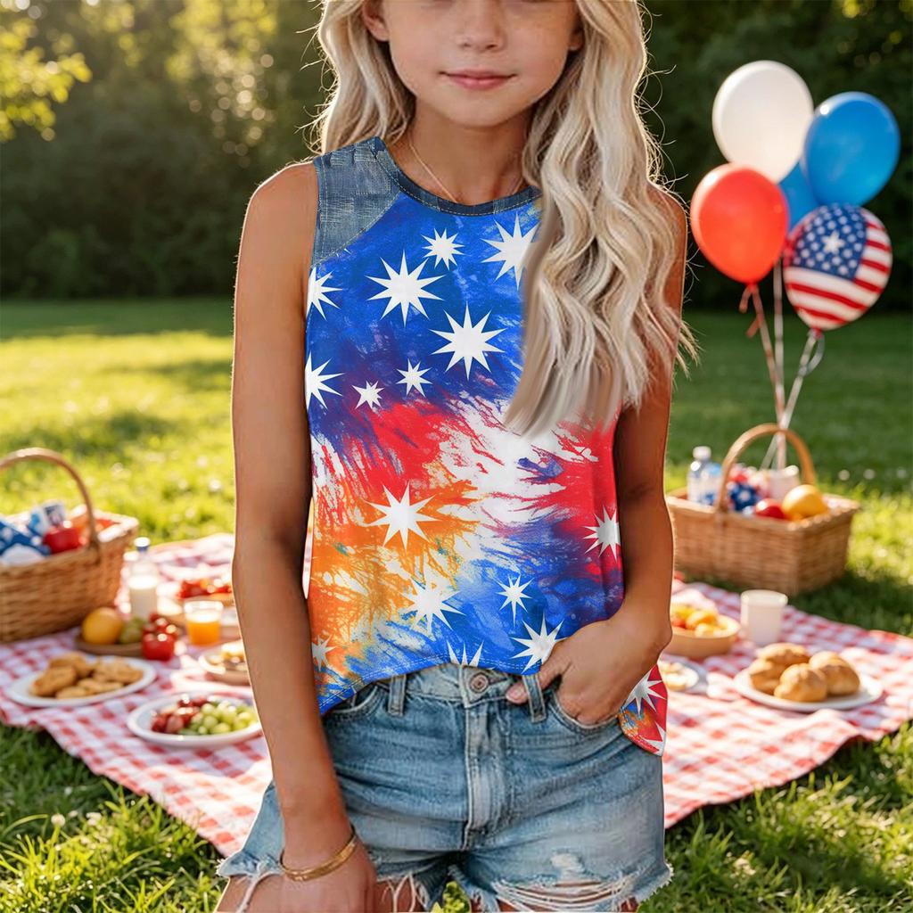 Sleeveless Loose Fit Tank Top for Women Floral Print Round Neck Casual Summer Blouse Denim Patchwork Detail Comfortable Fit