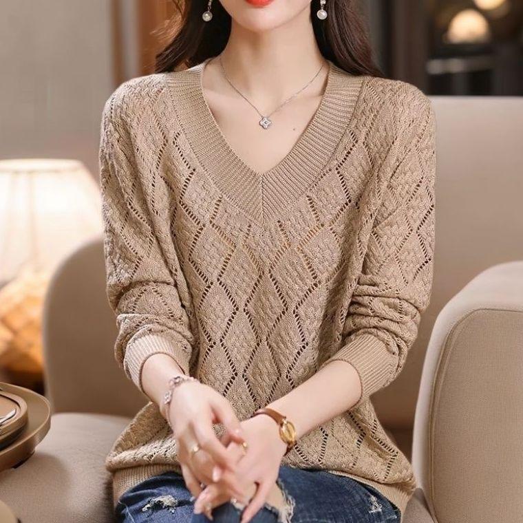 Women's Plus-Size Dopamine V-Neck Sweater Loose Collarbone-Showing High-Grade Hollow-Out Knit Top for Autumn & Summer
