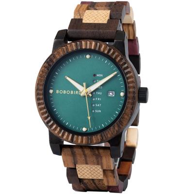BOBO BIRD Men's Wooden Watch Analog Quartz Calendar Display Lightweight Handmade Green Wristwatch