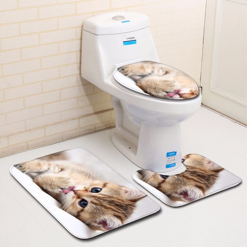 3D Kitten Bathroom Toilet Three-Piece Floor Mat Doormat Bathroom Carpet