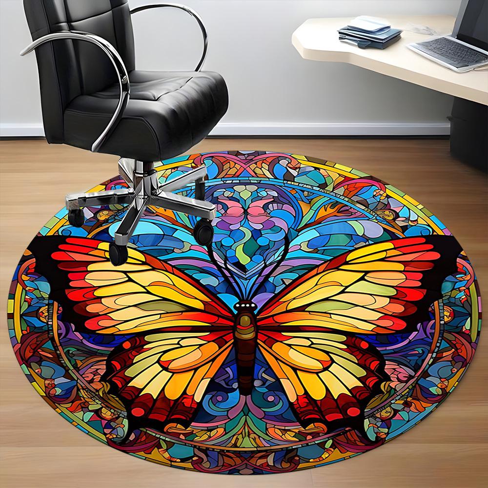 1PCButterfly StainedGlass Office Round Area Rug,  Mat Suitable For Office, Under Office Chairs Bedroom Living Room Home Decor, Room Deco