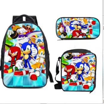 Cartoon Sonic Backpack, Primary And Secondary School Schoolbag, Messenger Bag, Pencil Case Three-Piece Set