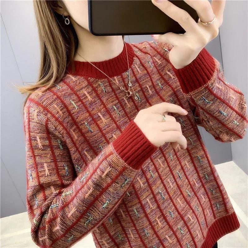 Autumn Winter New  Women Elegant Round Neck Women's Knitting Pullover Stripe Sweater Temperament Korean Version Femme Bottoming Tops