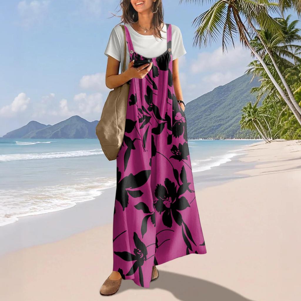 Casual Wide Leg Jumpsuits For Women Boho Floral Pleated Overalls Rompers Summer Outfits With Pockets
