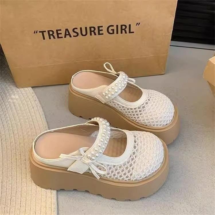 7Cm thick-soled bag head half-drag women's shoes 2025 summer versatile bow pearl mesh hollow breathable outer shoes
