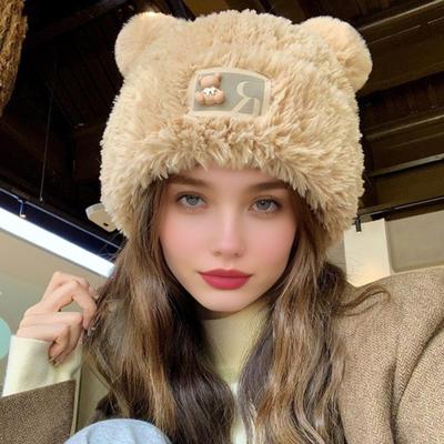 Women Knitted Hat Windproof Warm Solid Color Elastic Winter Hat Bear Ear Decor Cold Weather Plush Hat